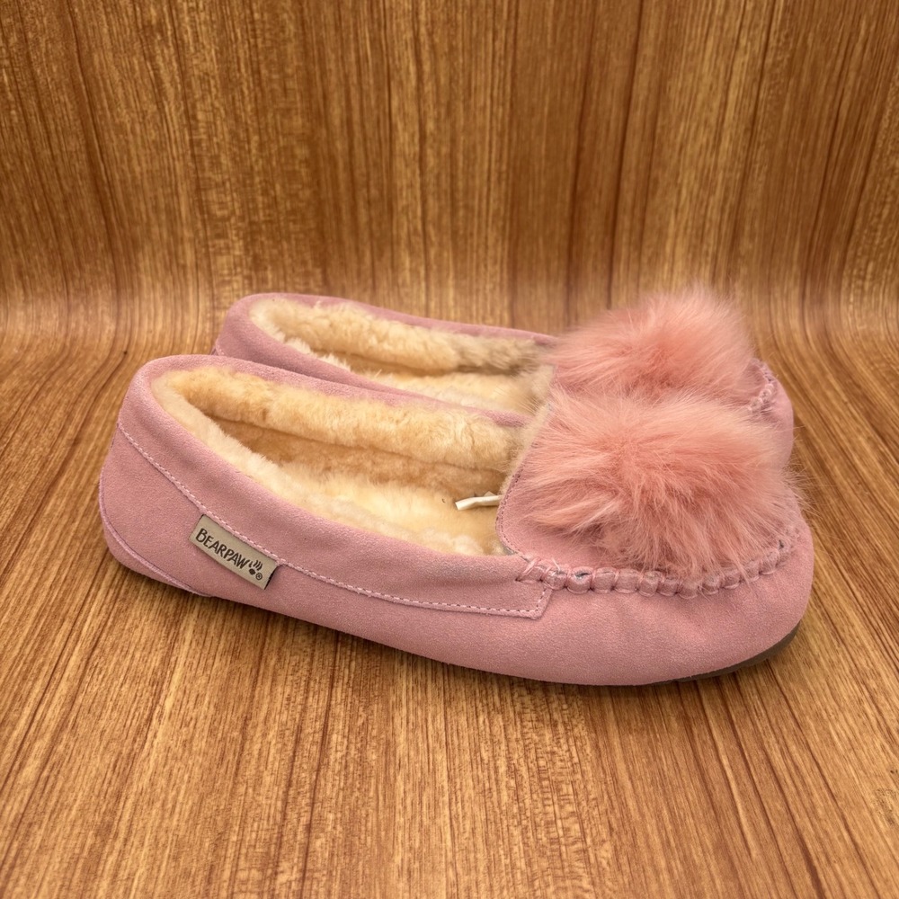 Bearpaw Moccasin Slippers Womens 8 Pink Suede Sheepskin Lined Pom Pom Shoes
